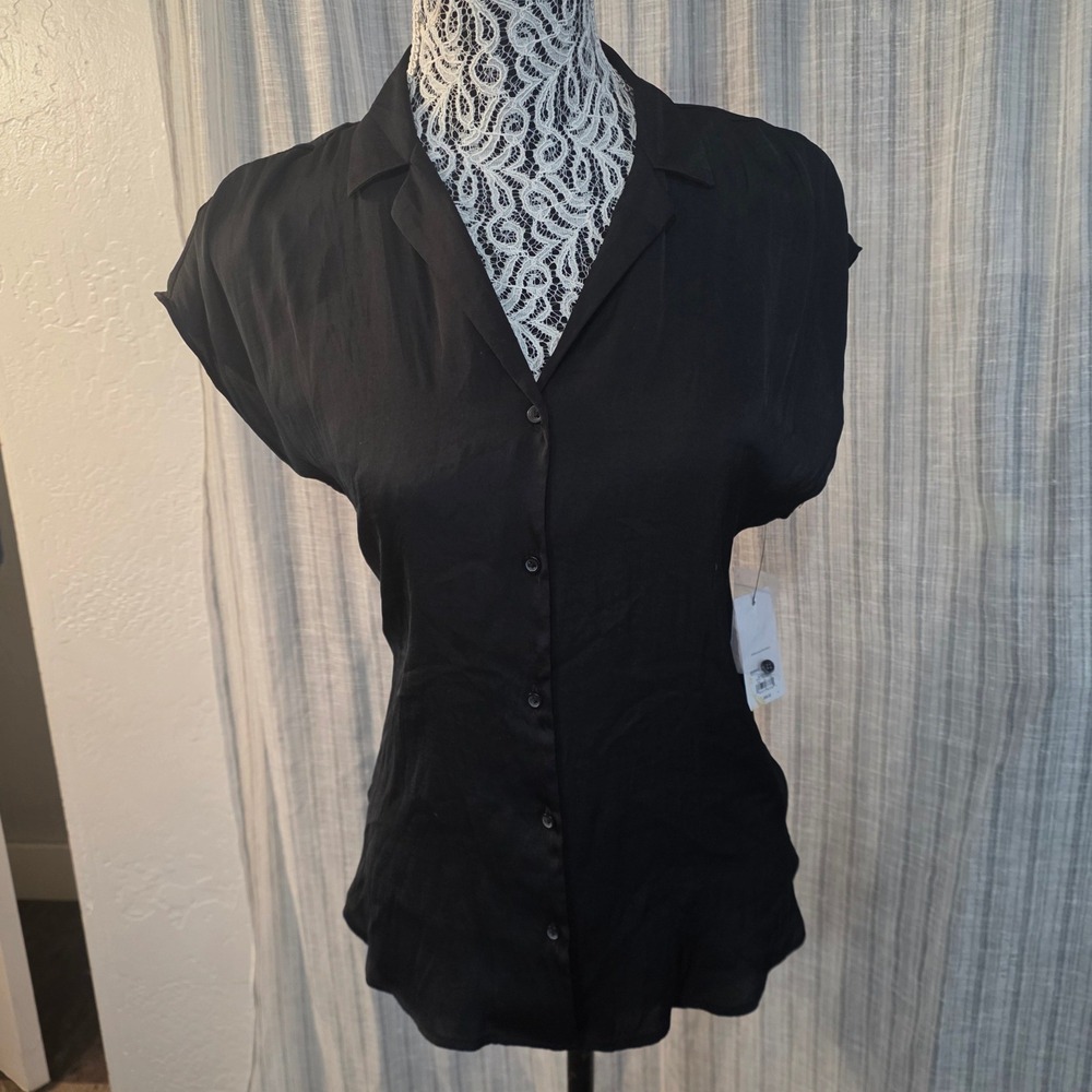 Nine West Button Front Blouse Womens S Black Collared Short Sleeve Shirt Fitted
